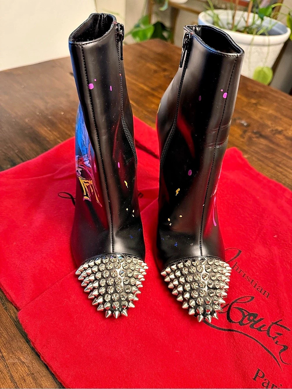 Christian Louboutin LOVE Graffiti Spiked Booties Black & Red EU 38.5